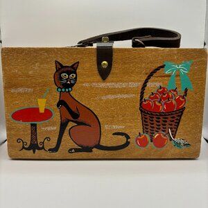 Vintage By SIMON Siamese Cat Apples Purse Hand Painted Wood Handbag Leather RARE